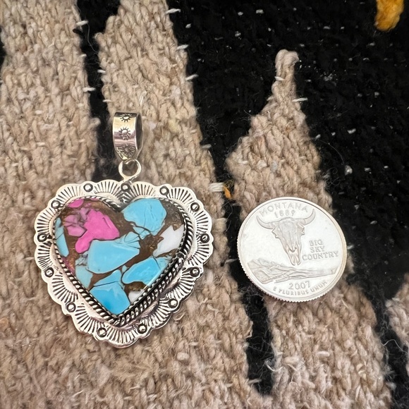❤️ Cotton Candy Turquoise Heart Statement Navajo Sterling Pendant 14 Gm / 2.03”L - Picture 9 of 12
